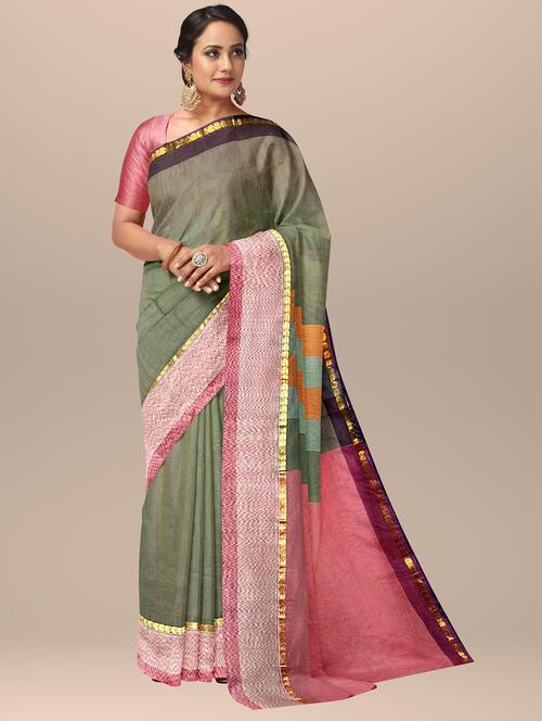 contrast bordered woven saree with blouse - 19313387 - Very Small Image - 1