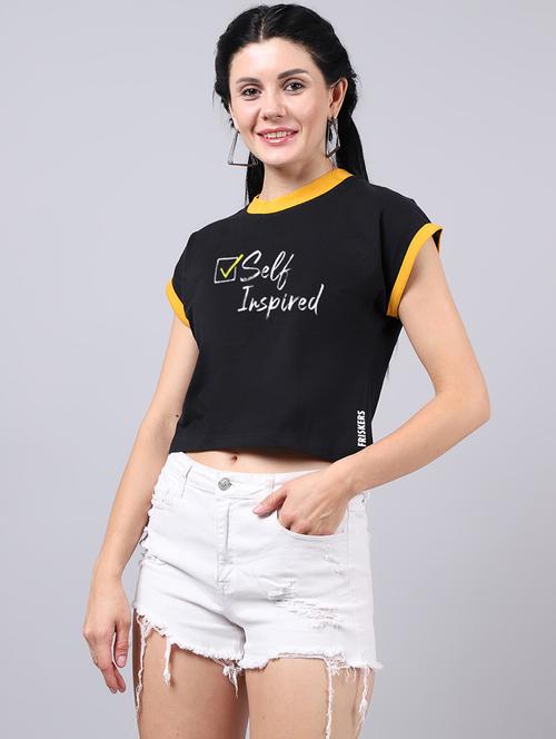 black round neck printed crop t-shirt - 19313732 - Very Small Image - 1