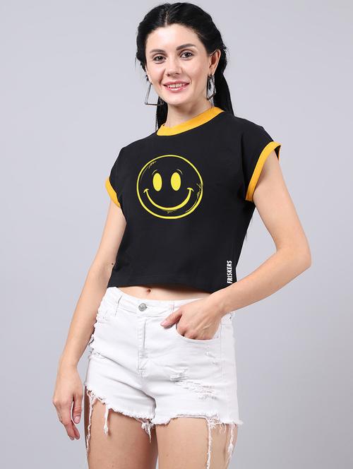 black round neck printed crop t-shirt - 19313735 - Very Small Image - 1