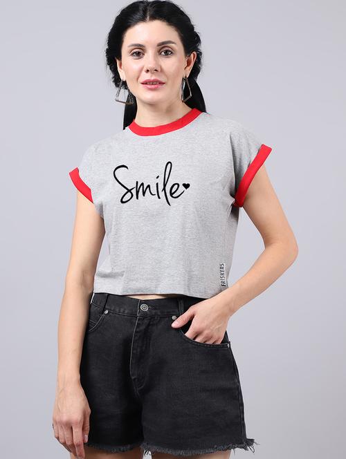 grey round neck printed crop t-shirt - 19313743 - Very Small Image - 1