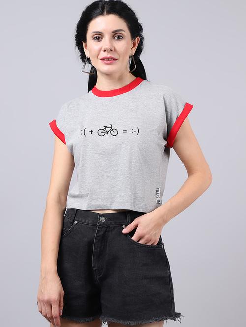 grey round neck printed crop t-shirt - 19313749 - Very Small Image - 1