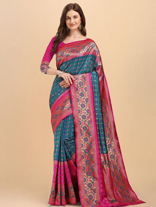 contrast bordered woven saree with blouse - 19314233 - Very Small Image - 1