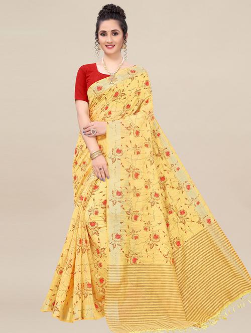 yellow printed plain saree with blouse - 19314669 - Very Small Image - 1