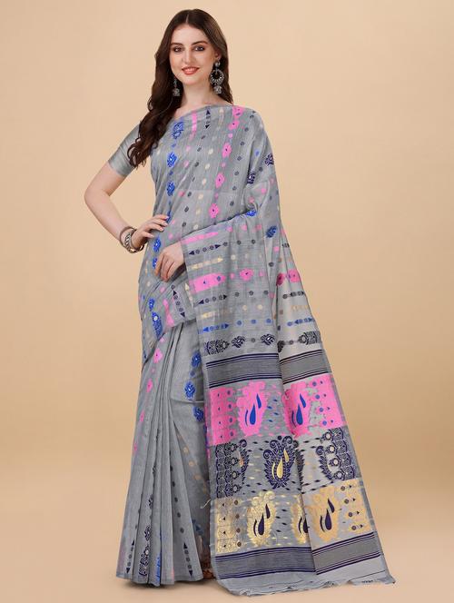 grey self design jamdani saree - 19314684 - Very Small Image - 1