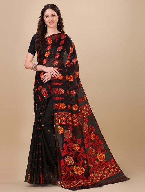 black self design jamdani saree with blouse - 19314710 - Very Small Image - 1