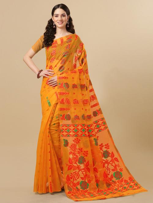 orange self design jamdani saree with blouse - 19314718 - Very Small Image - 1