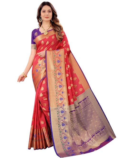red jacquard kanjivaram saree with blouse - 19315354 - Very Small Image - 1