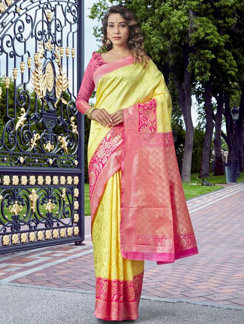 yellow silk banarasi saree with blouse - 19323505 - Very Small Image - 1
