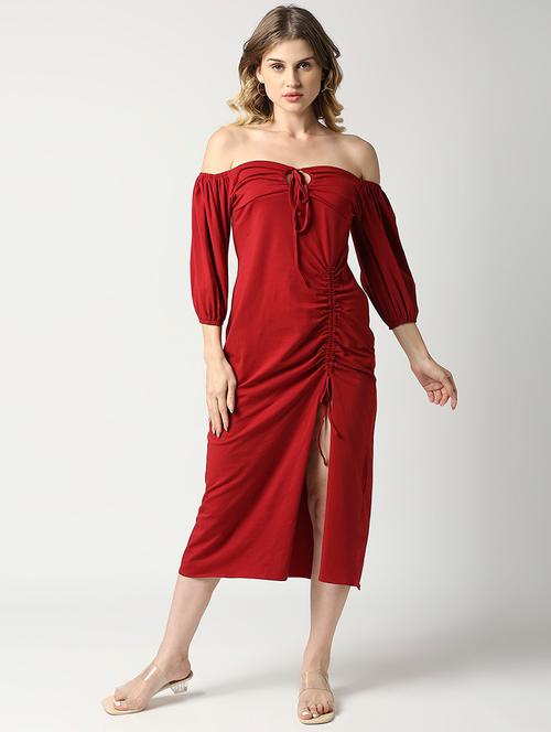 off shoulder drawstring straight dress - 19326742 - Very Small Image - 1