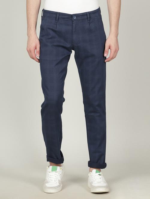 navy blue cotton flat front casual trousers - 19328826 - Very Small Image - 1