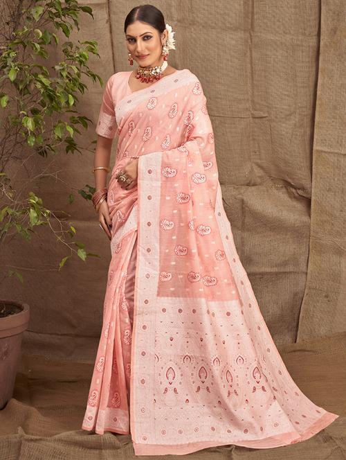 peach cotton saree - 19330138 - Very Small Image - 1