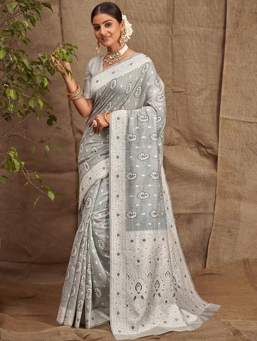 grey cotton saree - 19330139 - Very Small Image - 1