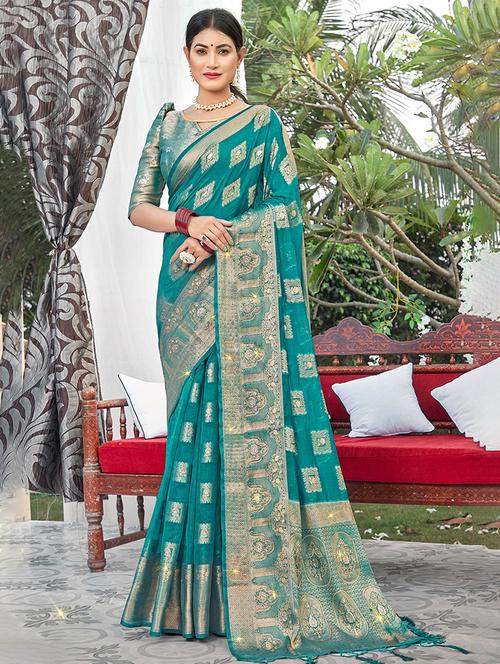turquoise organza saree - 19330144 - Very Small Image - 1