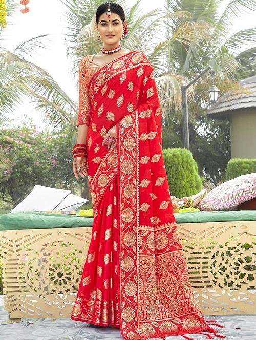 red organza saree - 19330181 - Very Small Image - 1
