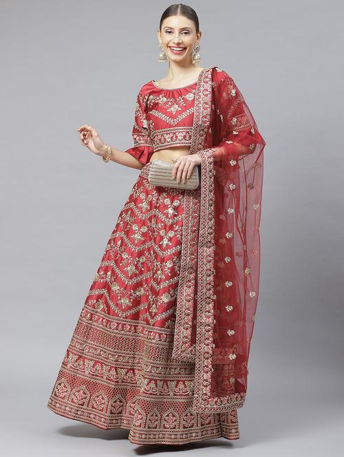 maroon silk flared lehenga - 19330625 - Very Small Image - 1