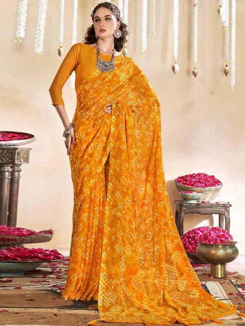 orange printed saree with blouse - 19333899 - Very Small Image - 1