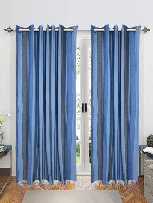 saral home cotton striped grommet eyelet door curtain, 4x9 feet, blue, pack of 2 - 19334350 - Very Small Image - 1