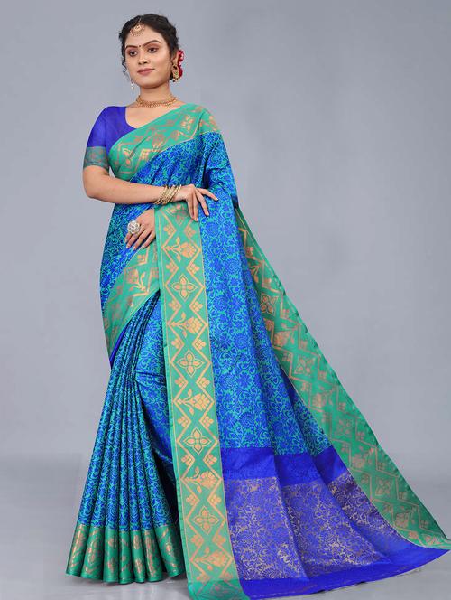 blue jacquard banarasi saree - 19335121 - Very Small Image - 1