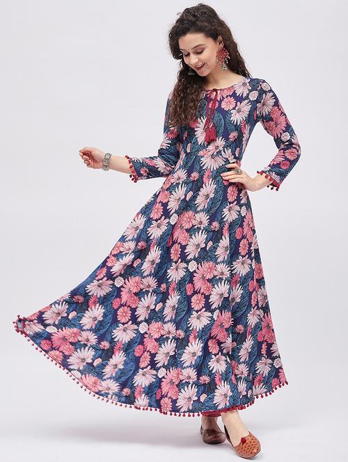 printed rayon flared kurta - 19335356 - Very Small Image - 1