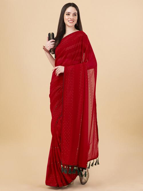 red georgette embroidered saree with blouse - 19343171 - Very Small Image - 1