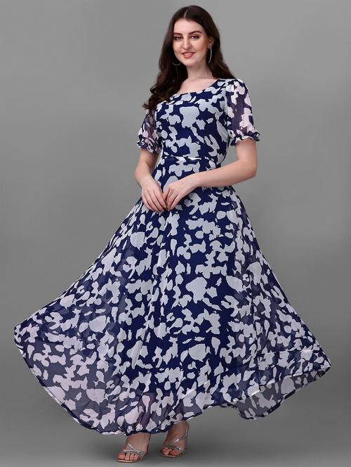 round neck floral fit & flare gown - 19343428 - Very Small Image - 1