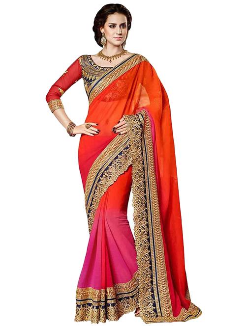 red embellished saree with blouse - 19344709 - Very Small Image - 1