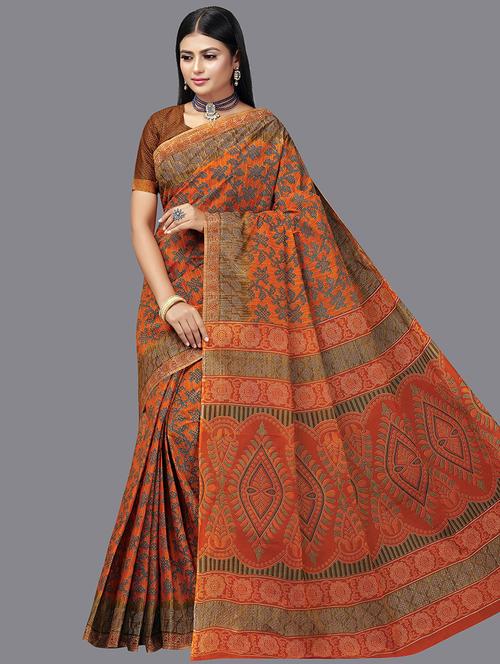orange cotton printed saree with blouse - 19345305 - Very Small Image - 1