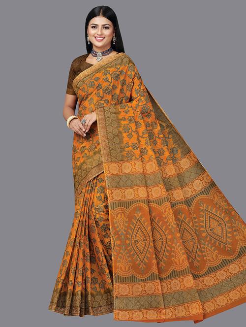 women's solid mustard colored saree - 19345307 - Very Small Image - 1