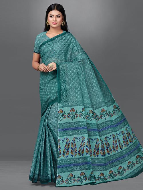 blue cotton printed saree - 19345331 - Very Small Image - 1