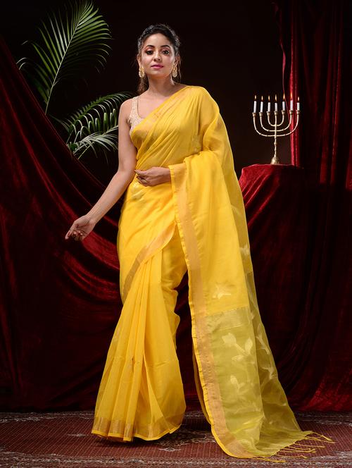 yellow self design saree with blouse - 19345458 - Very Small Image - 1