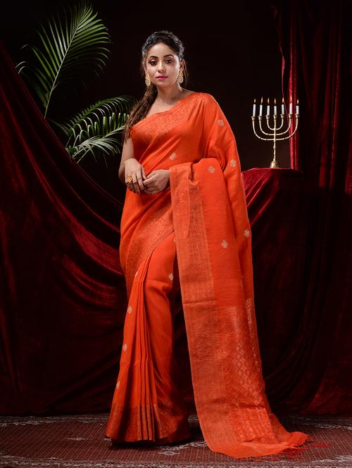 orange self design saree with blouse - 19345482 - Very Small Image - 1
