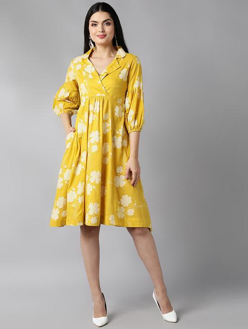 yellow cotton fit & flare dress - 19345800 - Very Small Image - 1