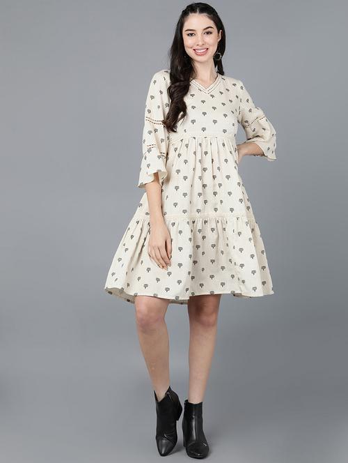 cream cotton fit & flare dress - 19345883 - Very Small Image - 1