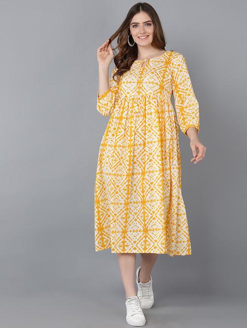 yellow cotton fit & flare dress - 19345901 - Very Small Image - 1