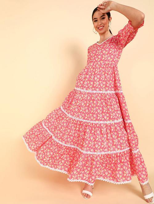 pink florals printed v-neck fit & flare dress - 19345939 - Very Small Image - 1