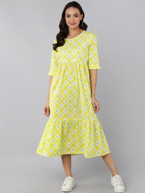 yellow round neck a-line dress - 19345957 - Very Small Image - 1