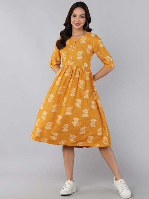 yellow floral printed fit & flare dress - 19345960 - Very Small Image - 1