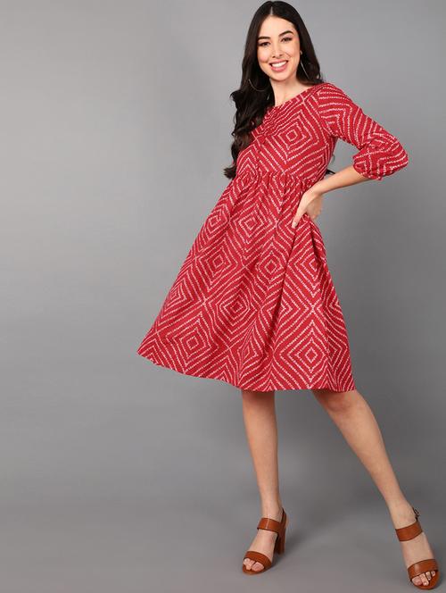 red printed round neck a-line dress - 19345966 - Very Small Image - 1