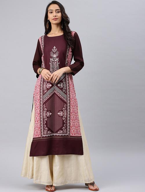 maroon crepe straight kurta - 19346142 - Very Small Image - 1
