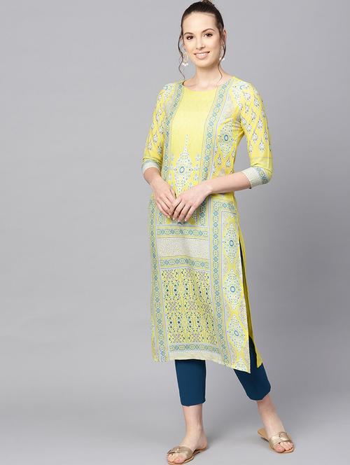yellow crepe straight kurta - 19346162 - Very Small Image - 1