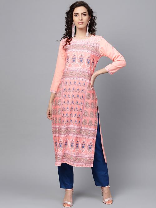 peach crepe straight kurta - 19346167 - Very Small Image - 1