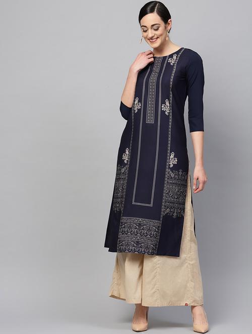 navy crepe straight kurta - 19346168 - Very Small Image - 1