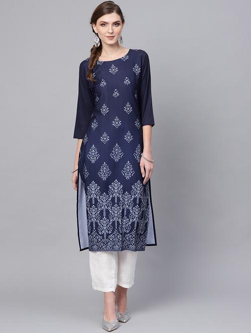 navy crepe straight kurta - 19346220 - Very Small Image - 1