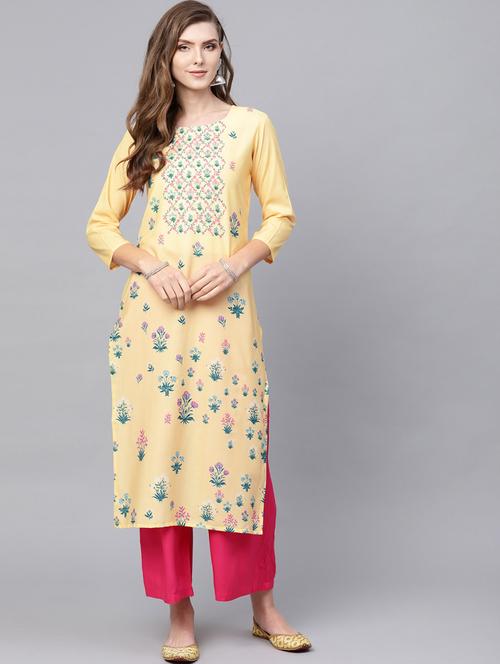 yellow crepe straight kurta - 19346222 - Very Small Image - 1