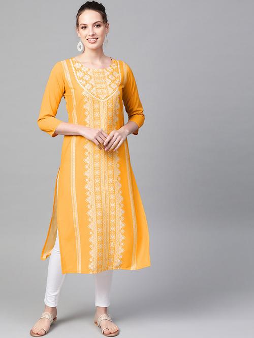 yellow crepe straight kurta - 19346275 - Very Small Image - 1