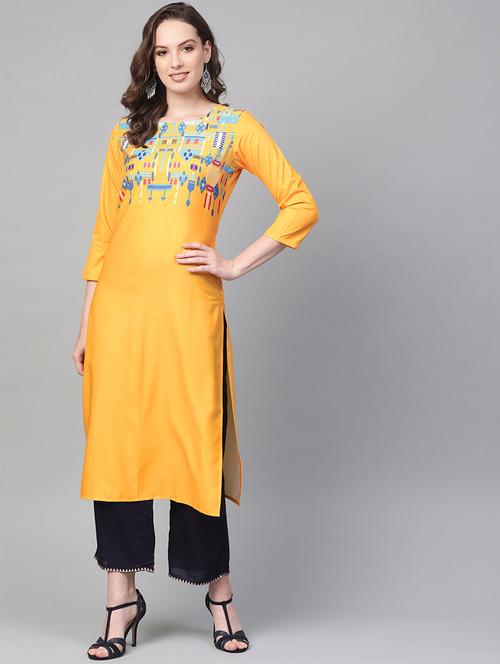 yellow crepe straight kurta - 19346283 - Very Small Image - 1