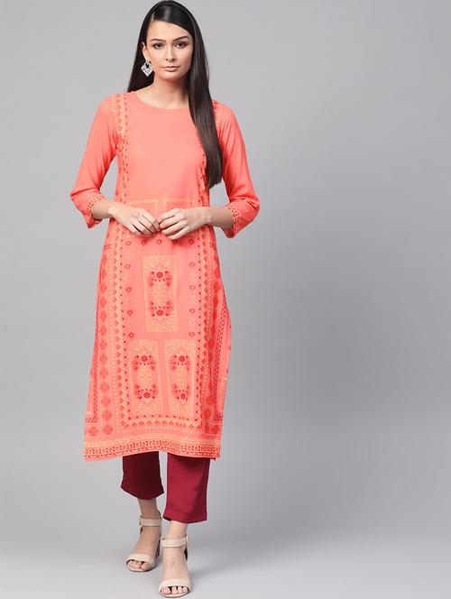 peach crepe straight kurta - 19346288 - Very Small Image - 1