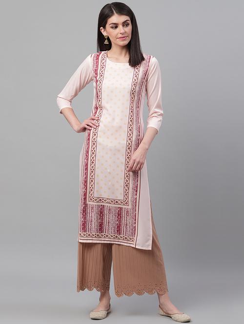 peach crepe straight kurta - 19346348 - Very Small Image - 1