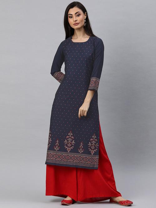 navy crepe straight kurta - 19346402 - Very Small Image - 1