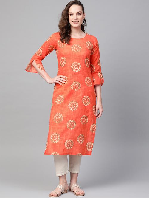 orange cotton straight kurta - 19346928 - Very Small Image - 1